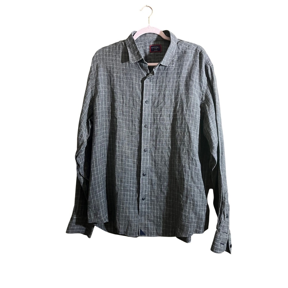 UNTUCKit Mens XL Grey Windowpane Check 100% Linen Long Sleeve Button Down Shirt